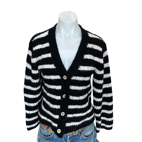 Slate & Willow Black White Striped Cardigan Sweater SMALL Fuzzy Cropped $115 - Picture 5 of 10